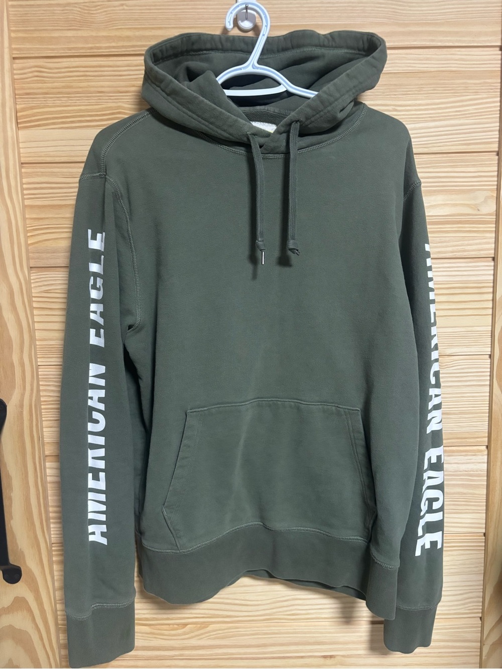 American Eagle Outfitters Olive Green Pullover Hoodie with Sleeve Logo